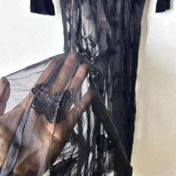 Zoe Black Lace-Up Neck 3/4 Sleeve Velvet Sheer Flowy Skirt Maxi Dress Size Large - Picture 10 of 17